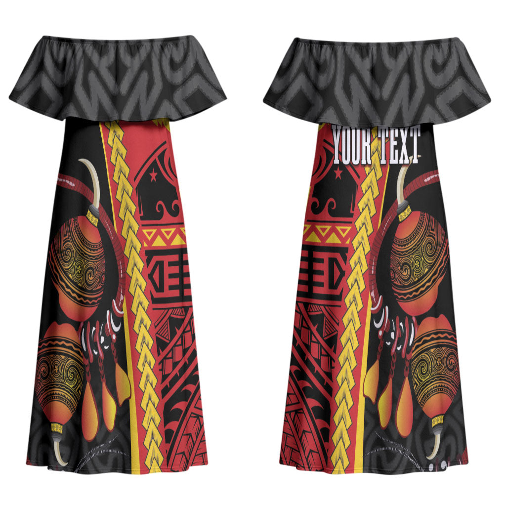 Papua New Guinea Independence Personalised Couples Matching Off Shoulder Maxi Dress and Long Sleeve Button Shirt PNG Bagi and Lime Pot LT7 - Polynesian Pride