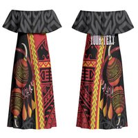 Papua New Guinea Independence Personalised Couples Matching Off Shoulder Maxi Dress and Long Sleeve Button Shirt PNG Bagi and Lime Pot LT7 - Polynesian Pride