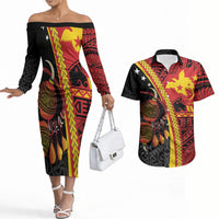 Papua New Guinea Independence Personalised Couples Matching Off The Shoulder Long Sleeve Dress and Hawaiian Shirt PNG Bagi and Lime Pot LT7 Black - Polynesian Pride