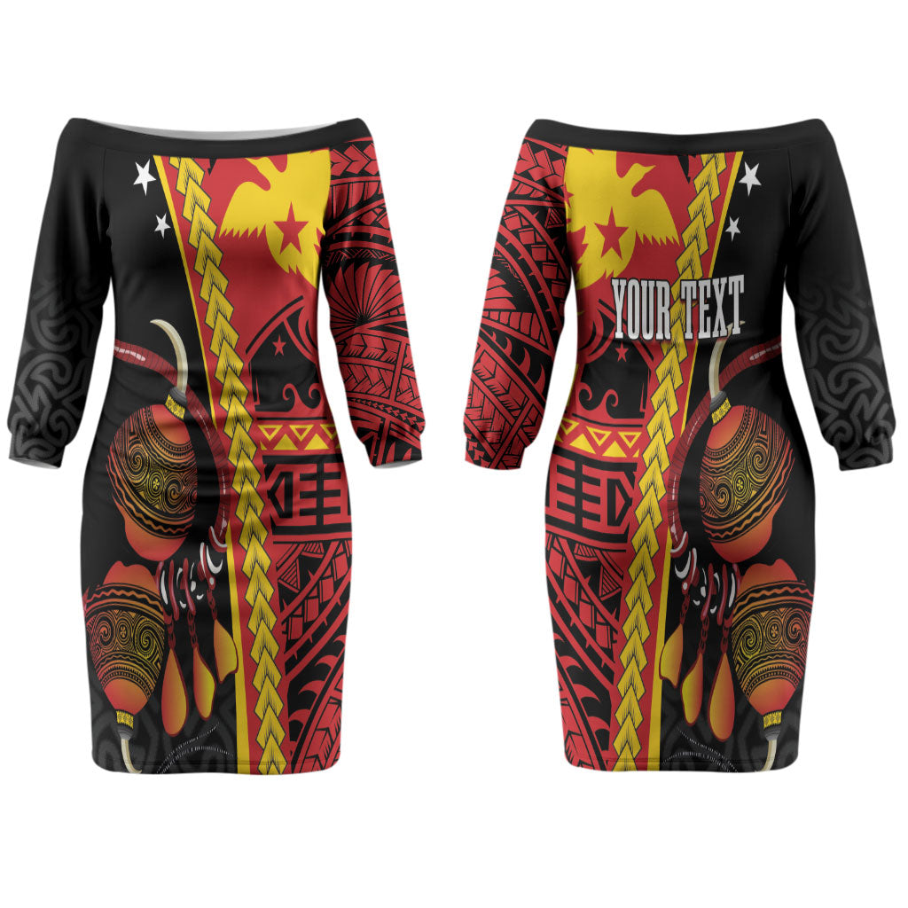 Papua New Guinea Independence Personalised Couples Matching Off The Shoulder Long Sleeve Dress and Hawaiian Shirt PNG Bagi and Lime Pot LT7 - Polynesian Pride
