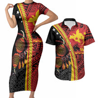 Papua New Guinea Independence Personalised Couples Matching Short Sleeve Bodycon Dress and Hawaiian Shirt PNG Bagi and Lime Pot LT7 Black - Polynesian Pride