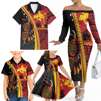 Papua New Guinea Independence Personalised Family Matching Off The Shoulder Long Sleeve Dress and Hawaiian Shirt PNG Bagi and Lime Pot LT7 - Polynesian Pride