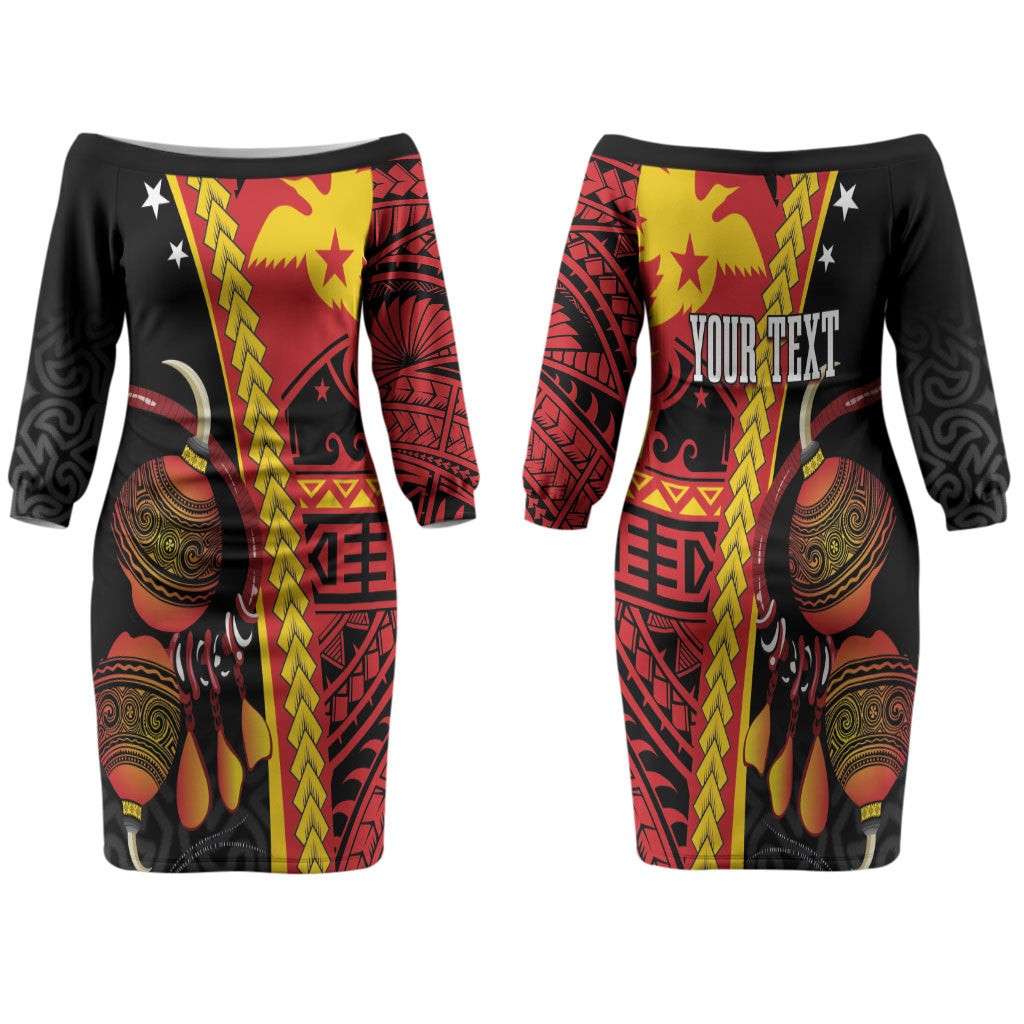 Papua New Guinea Independence Personalised Family Matching Off The Shoulder Long Sleeve Dress and Hawaiian Shirt PNG Bagi and Lime Pot LT7 Mom's Dress Black - Polynesian Pride