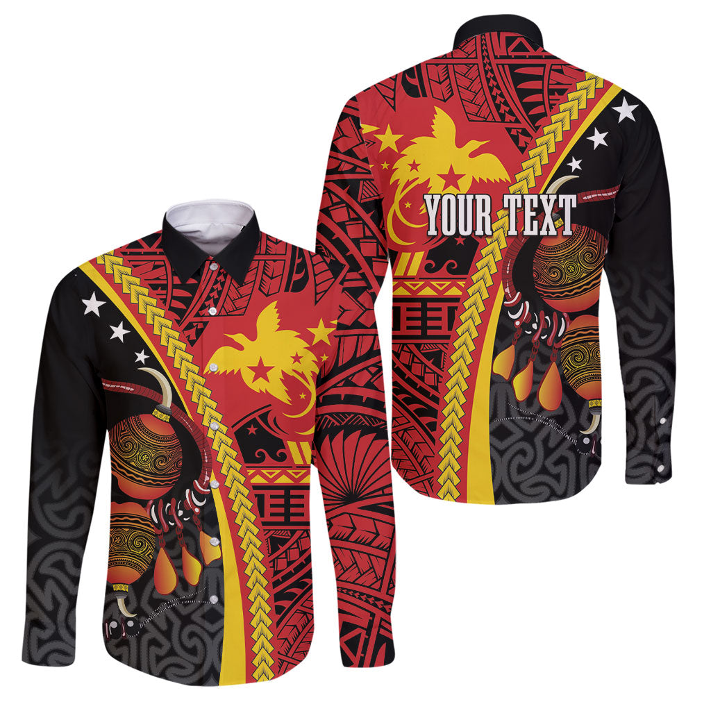 Papua New Guinea Independence Personalised Family Matching Off The Shoulder Long Sleeve Dress and Hawaiian Shirt PNG Bagi and Lime Pot LT7 Dad's Shirt - Long Sleeve Black - Polynesian Pride