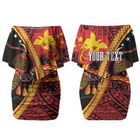 Papua New Guinea Independence Personalised Family Matching Off Shoulder Short Dress and Hawaiian Shirt PNG Bagi and Lime Pot LT7 Mom's Dress Black - Polynesian Pride