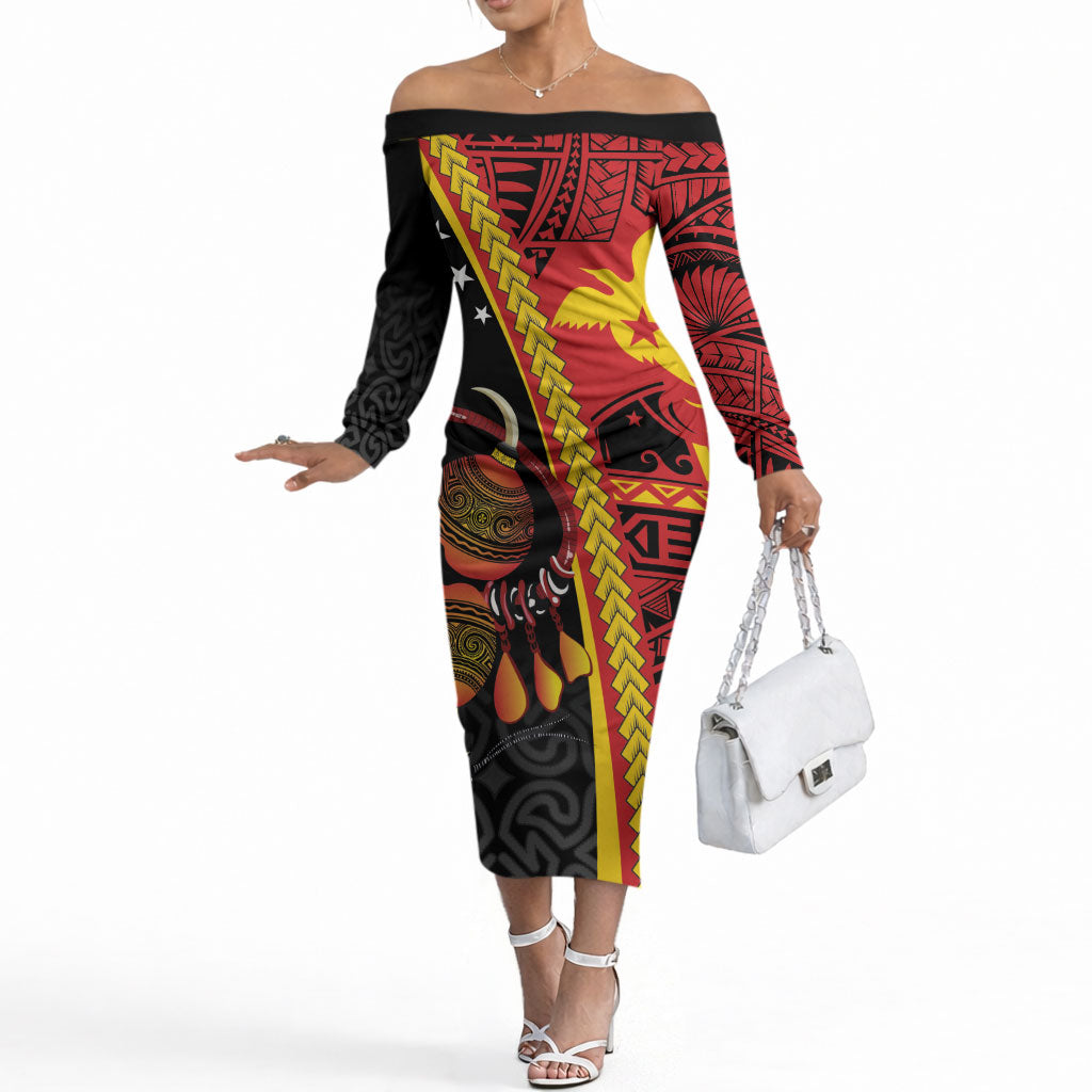 Papua New Guinea Independence Personalised Off The Shoulder Long Sleeve Dress PNG Bagi and Lime Pot LT7 Women Black - Polynesian Pride
