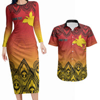 Papua New Guinea 1975 To The Future Personalised Couples Matching Long Sleeve Bodycon Dress and Hawaiian Shirt Sepik Masks LT7 Red - Polynesian Pride