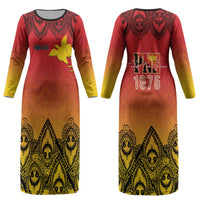 Papua New Guinea 1975 To The Future Personalised Couples Matching Long Sleeve Bodycon Dress and Hawaiian Shirt Sepik Masks LT7 - Polynesian Pride