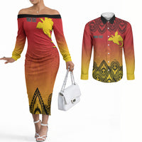 Papua New Guinea 1975 To The Future Personalised Couples Matching Off The Shoulder Long Sleeve Dress and Long Sleeve Button Shirt Sepik Masks LT7 Red - Polynesian Pride