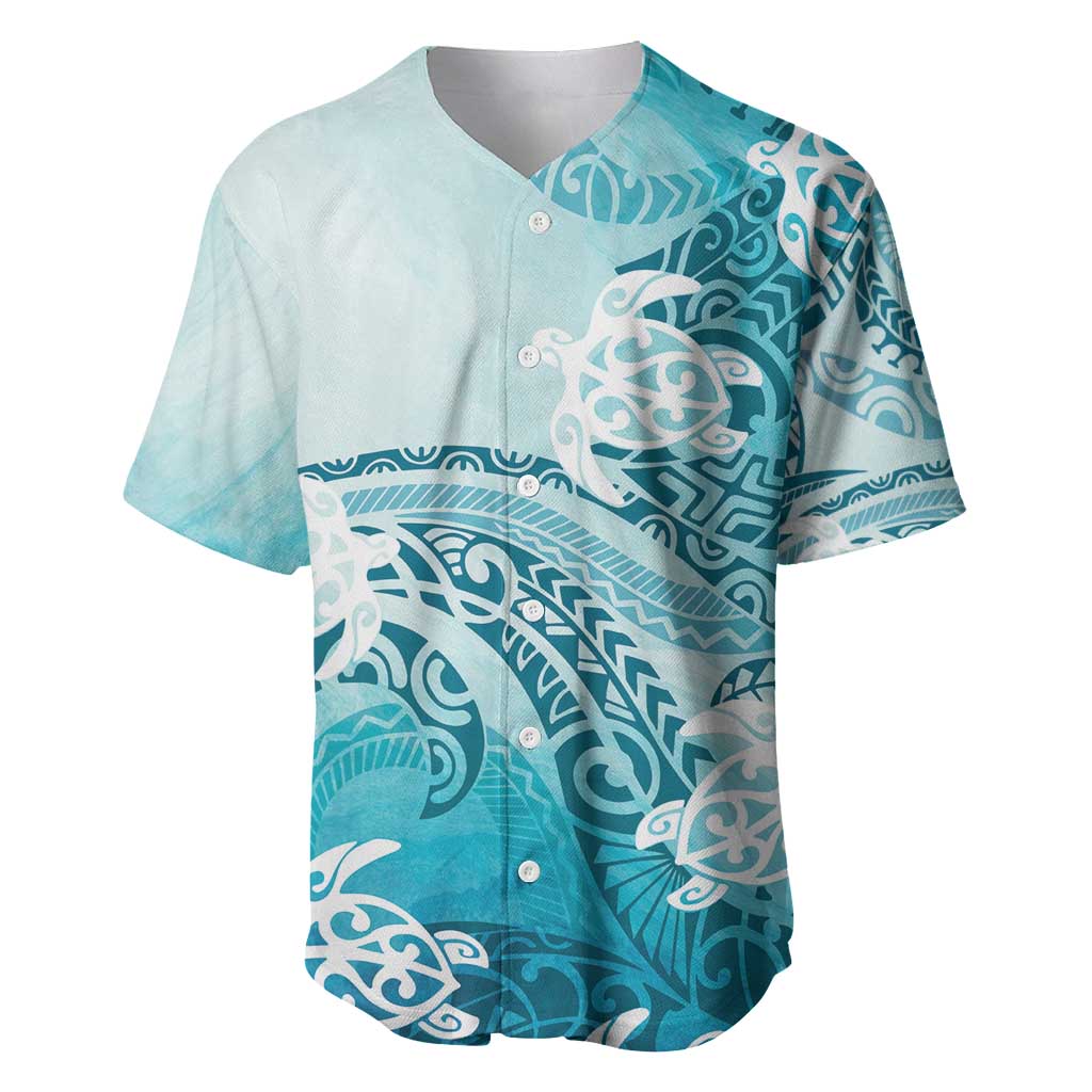 Polynesia Turtle Baseball Jersey Watercolor Abstract Style LT7 Blue - Polynesian Pride