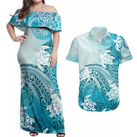 Polynesia Turtle Couples Matching Off Shoulder Maxi Dress and Hawaiian Shirt Watercolor Abstract Style