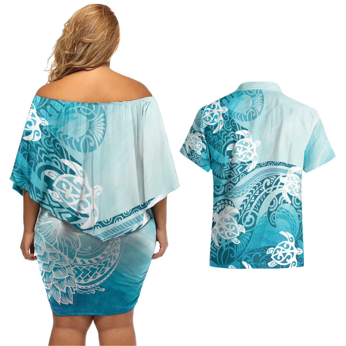 Polynesia Turtle Couples Matching Off Shoulder Short Dress and Hawaiian Shirt Watercolor Abstract Style