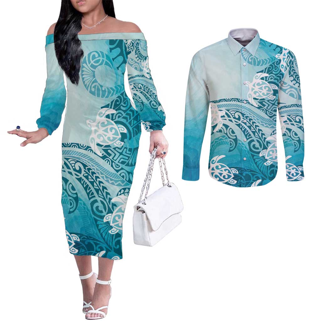 Polynesia Turtle Couples Matching Off The Shoulder Long Sleeve Dress and Long Sleeve Button Shirt Watercolor Abstract Style