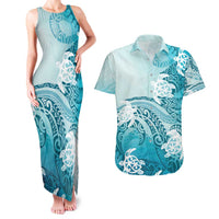 Polynesia Turtle Couples Matching Tank Maxi Dress and Hawaiian Shirt Watercolor Abstract Style LT7 Blue - Polynesian Pride