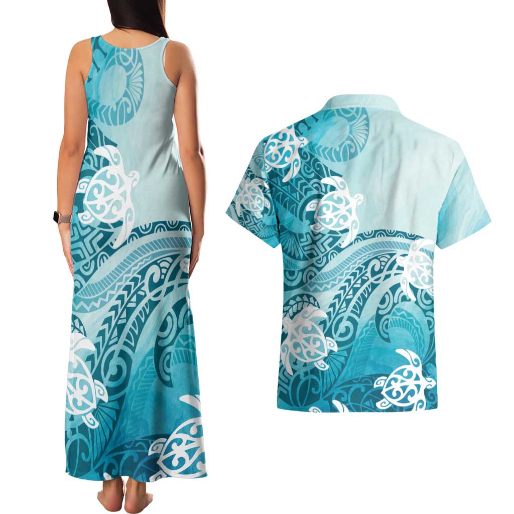 Polynesia Turtle Couples Matching Tank Maxi Dress and Hawaiian Shirt Watercolor Abstract Style LT7 - Polynesian Pride
