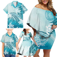 Polynesia Turtle Family Matching Off Shoulder Short Dress and Hawaiian Shirt Watercolor Abstract Style