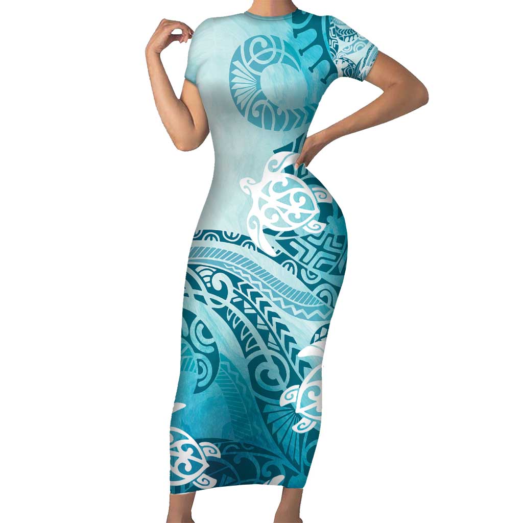 Polynesia Turtle Family Matching Short Sleeve Bodycon Dress and Hawaiian Shirt Watercolor Abstract Style