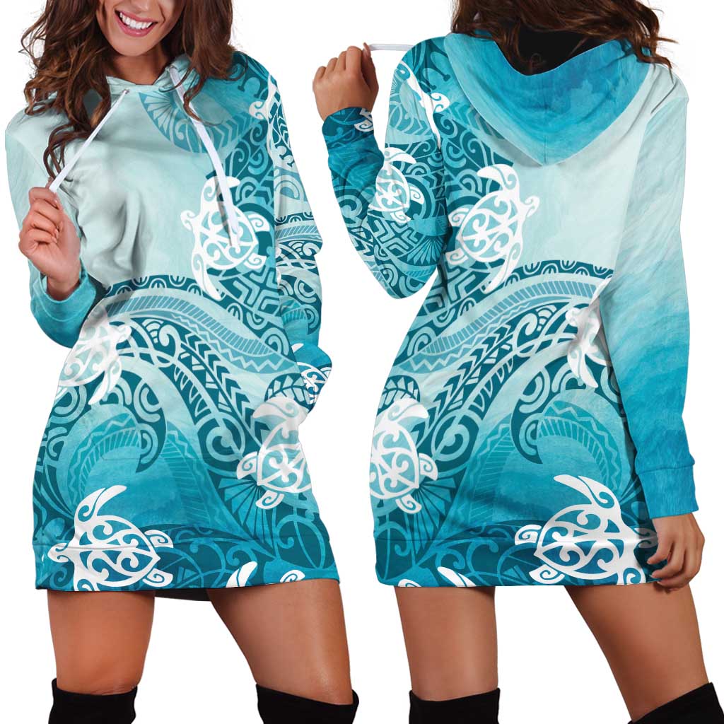Polynesia Turtle Hoodie Dress Watercolor Abstract Style
