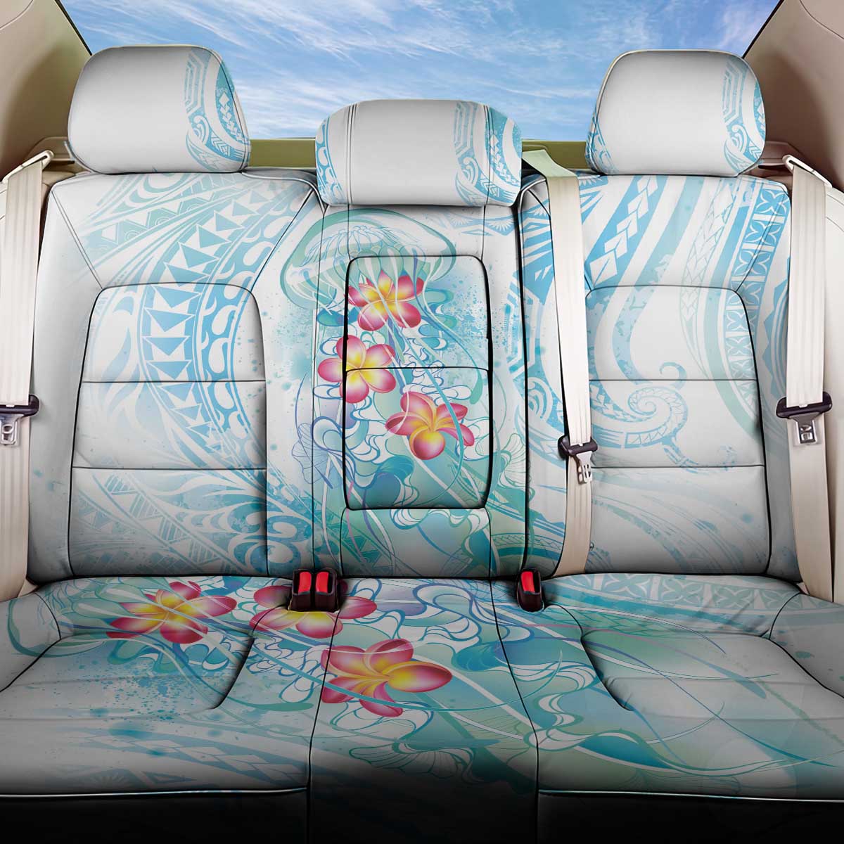 Sea Blue Polynesian Jellyfish Back Car Seat Cover Watercolor Glows - Polynesian Pride
