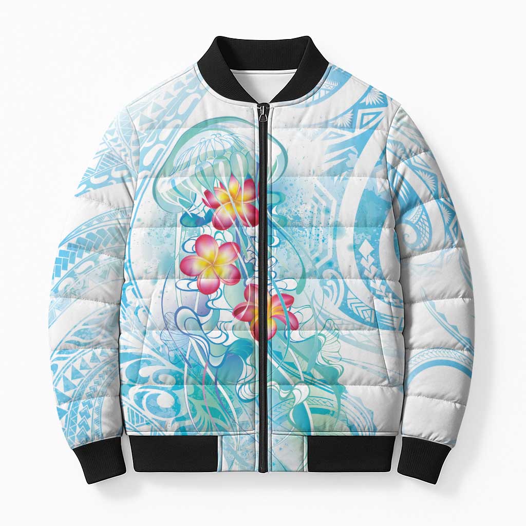 Sea Blue Polynesian Jellyfish Bomber Puffer Jacket Watercolor Glows - Polynesian Pride
