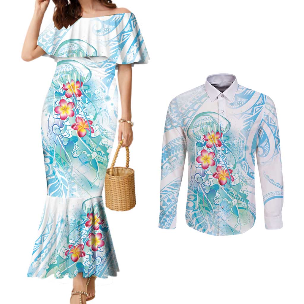 Sea Blue Polynesian Jellyfish Couples Matching Mermaid Dress and Long Sleeve Button Shirt Watercolor Glows - Polynesian Pride