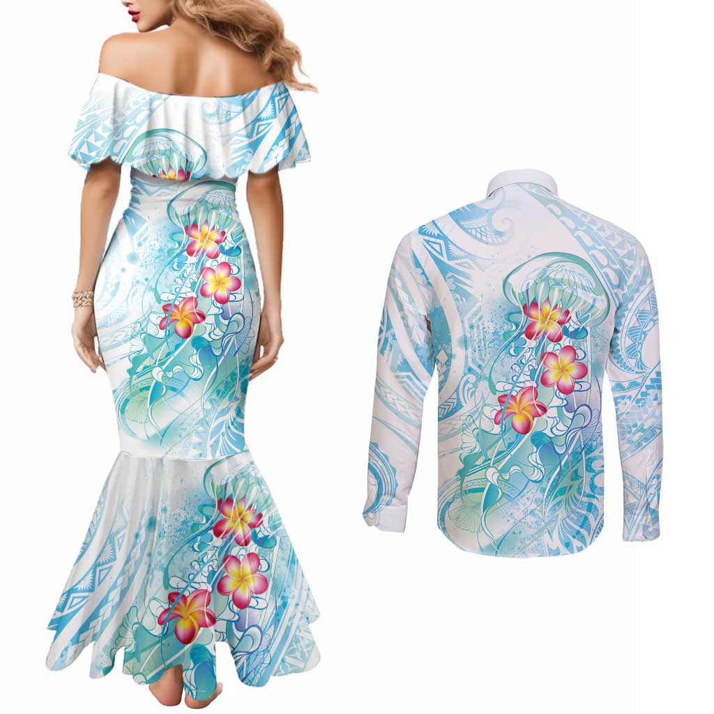 Sea Blue Polynesian Jellyfish Couples Matching Mermaid Dress and Long Sleeve Button Shirt Watercolor Glows - Polynesian Pride