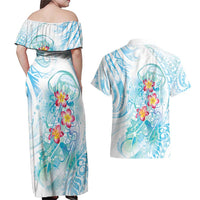 Sea Blue Polynesian Jellyfish Couples Matching Off Shoulder Maxi Dress and Hawaiian Shirt Watercolor Glows - Polynesian Pride