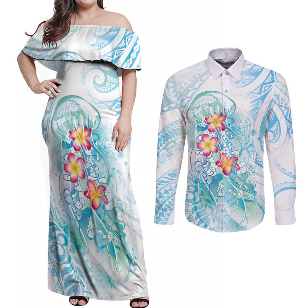 Sea Blue Polynesian Jellyfish Couples Matching Off Shoulder Maxi Dress and Long Sleeve Button Shirt Watercolor Glows - Polynesian Pride