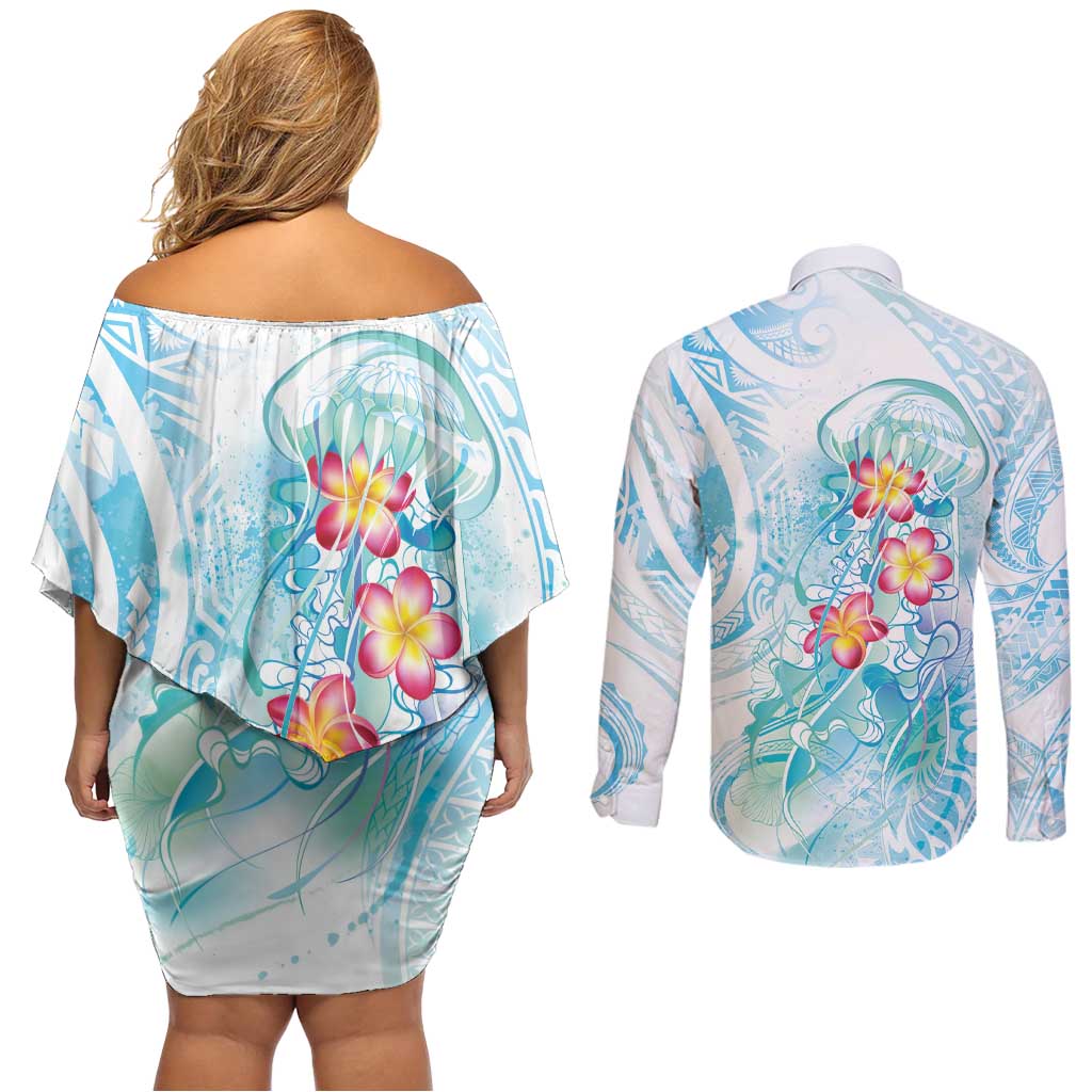 Sea Blue Polynesian Jellyfish Couples Matching Off Shoulder Short Dress and Long Sleeve Button Shirt Watercolor Glows - Polynesian Pride