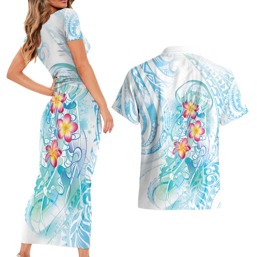 Sea Blue Polynesian Jellyfish Couples Matching Short Sleeve Bodycon Dress and Hawaiian Shirt Watercolor Glows - Polynesian Pride