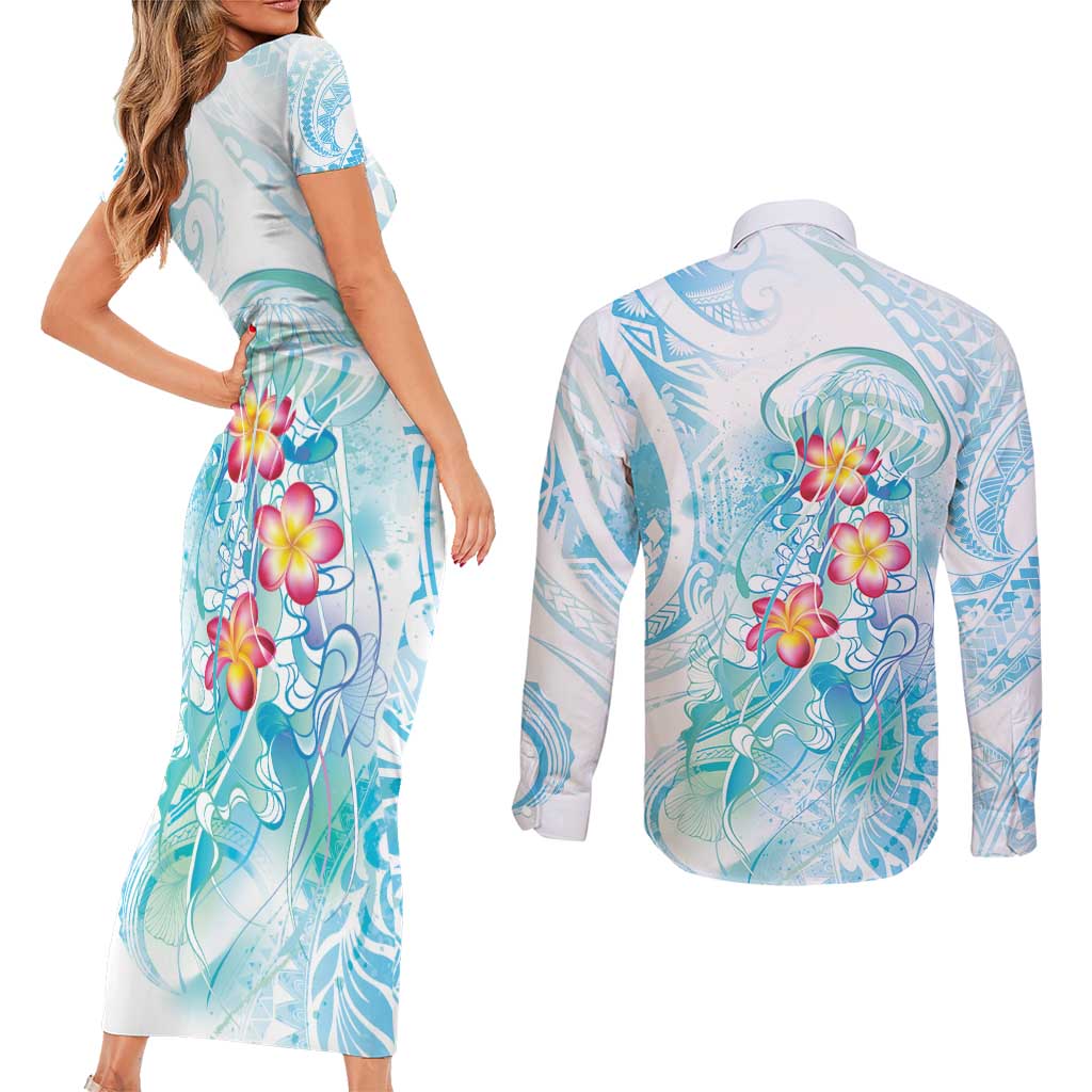 Sea Blue Polynesian Jellyfish Couples Matching Short Sleeve Bodycon Dress and Long Sleeve Button Shirt Watercolor Glows - Polynesian Pride