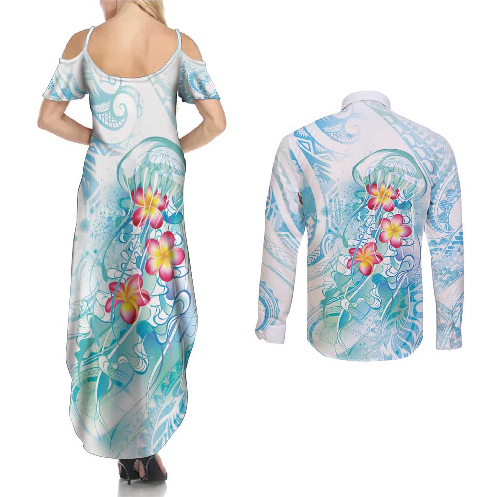 Sea Blue Polynesian Jellyfish Couples Matching Summer Maxi Dress and Long Sleeve Button Shirt Watercolor Glows - Polynesian Pride