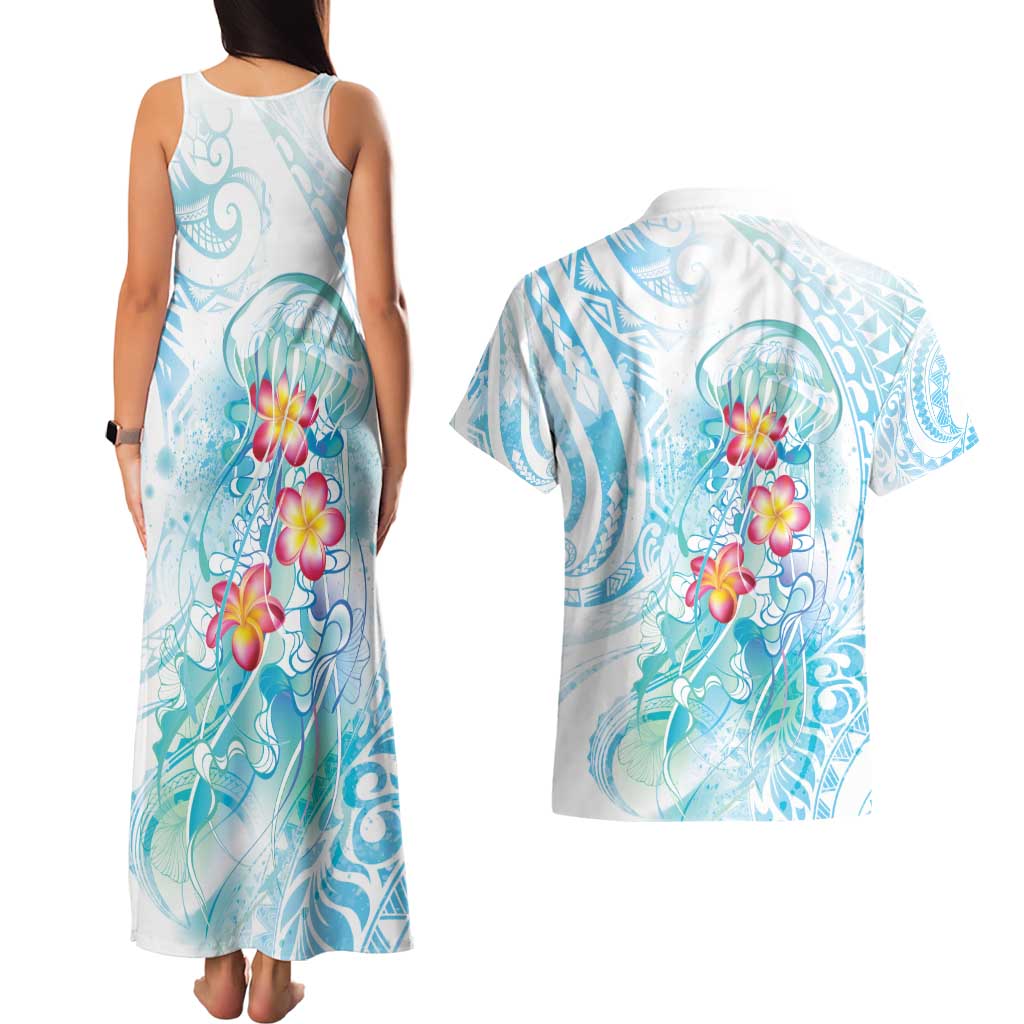 Sea Blue Polynesian Jellyfish Couples Matching Tank Maxi Dress and Hawaiian Shirt Watercolor Glows - Polynesian Pride