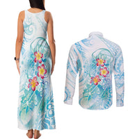 Sea Blue Polynesian Jellyfish Couples Matching Tank Maxi Dress and Long Sleeve Button Shirt Watercolor Glows - Polynesian Pride