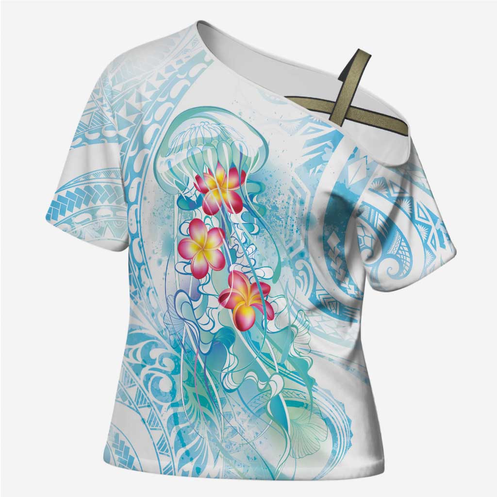 Sea Blue Polynesian Jellyfish Cross Shoulder Shirt Watercolor Glows - Polynesian Pride