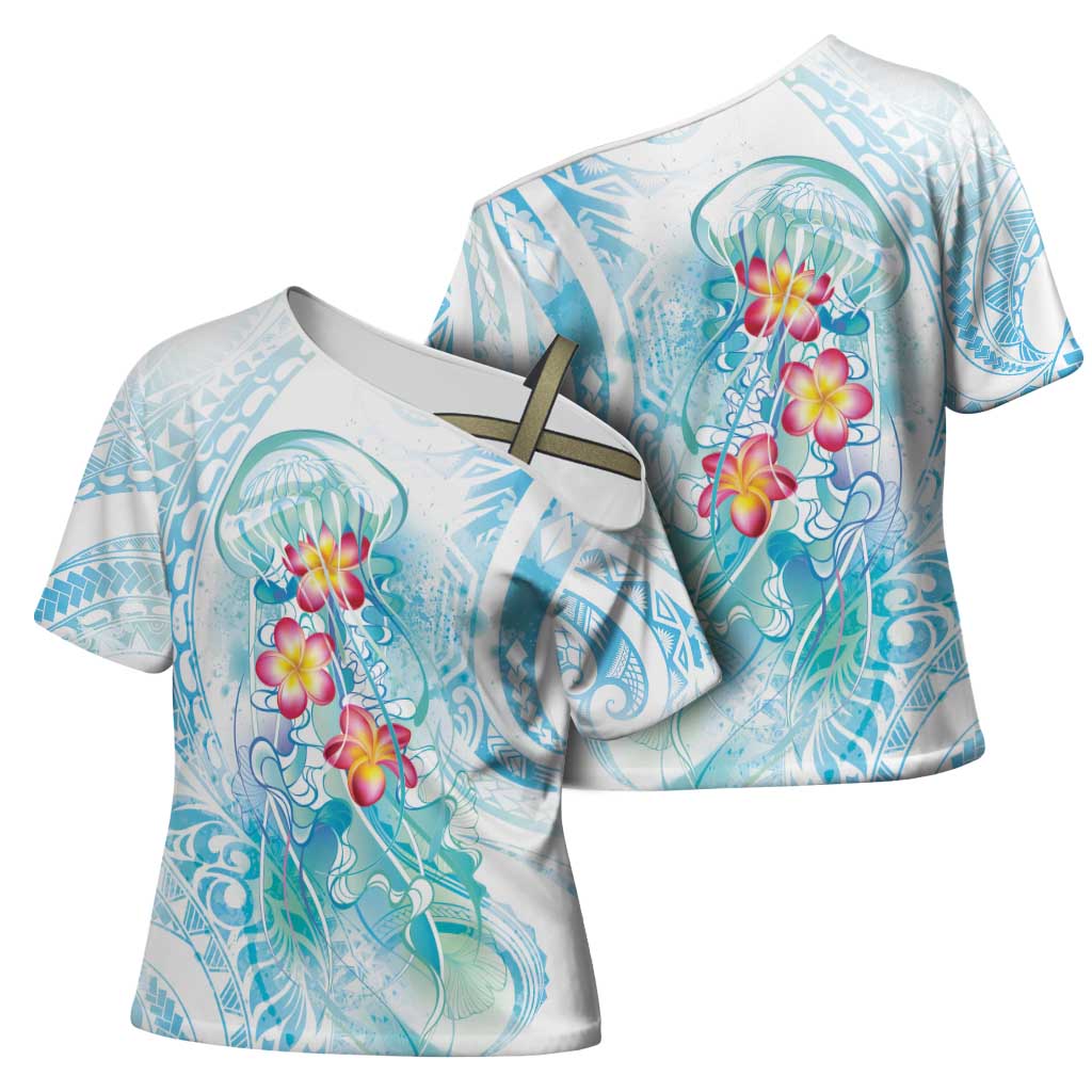 Sea Blue Polynesian Jellyfish Cross Shoulder Shirt Watercolor Glows - Polynesian Pride
