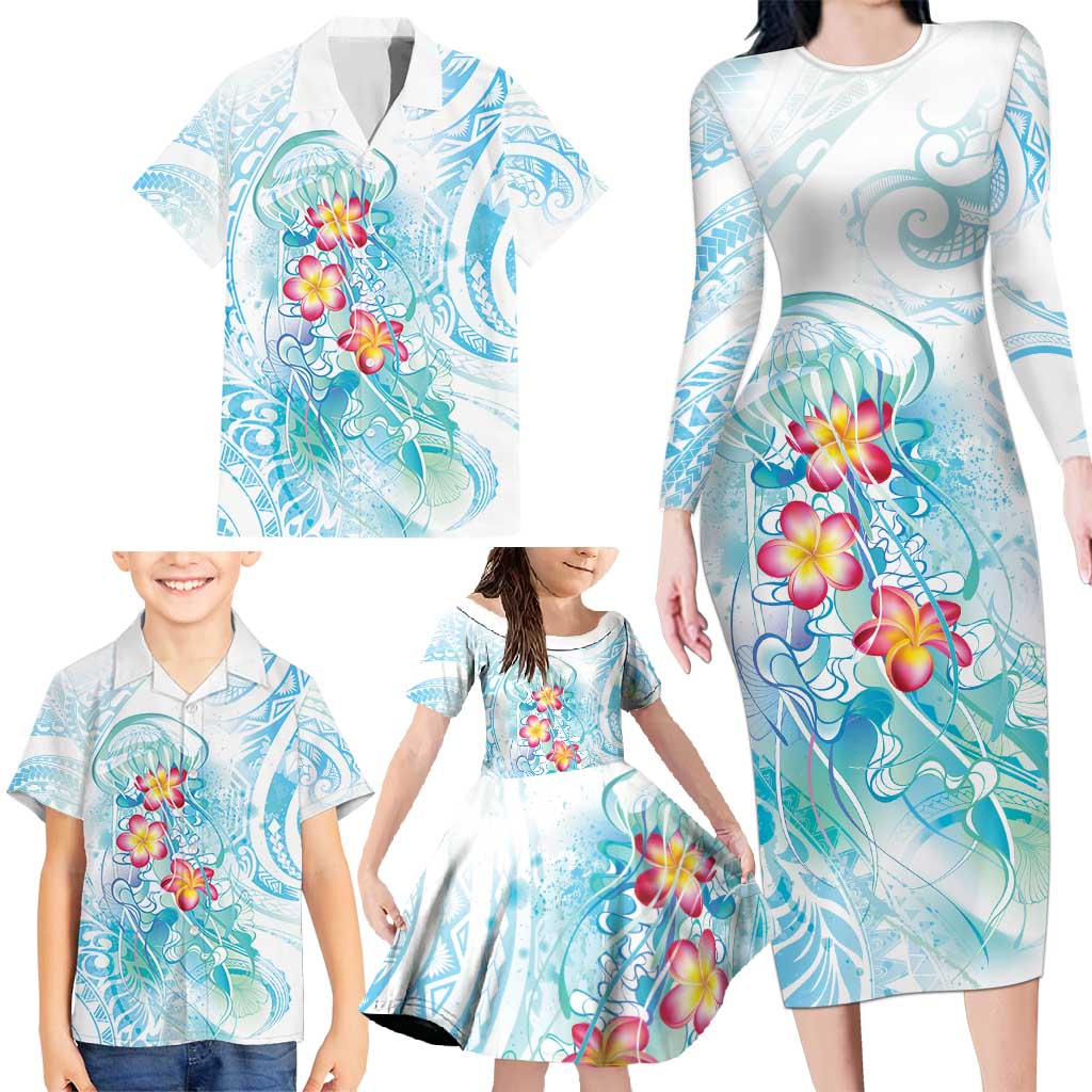 Sea Blue Polynesian Jellyfish Family Matching Long Sleeve Bodycon Dress and Hawaiian Shirt Watercolor Glows - Polynesian Pride