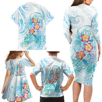 Sea Blue Polynesian Jellyfish Family Matching Long Sleeve Bodycon Dress and Hawaiian Shirt Watercolor Glows - Polynesian Pride