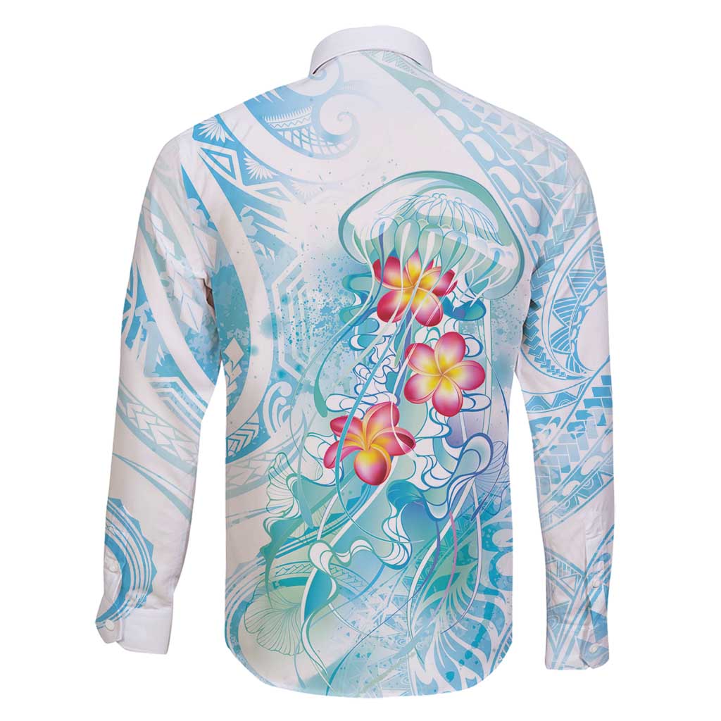 Sea Blue Polynesian Jellyfish Family Matching Long Sleeve Bodycon Dress and Hawaiian Shirt Watercolor Glows - Polynesian Pride