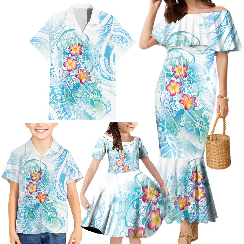 Sea Blue Polynesian Jellyfish Family Matching Mermaid Dress and Hawaiian Shirt Watercolor Glows - Polynesian Pride