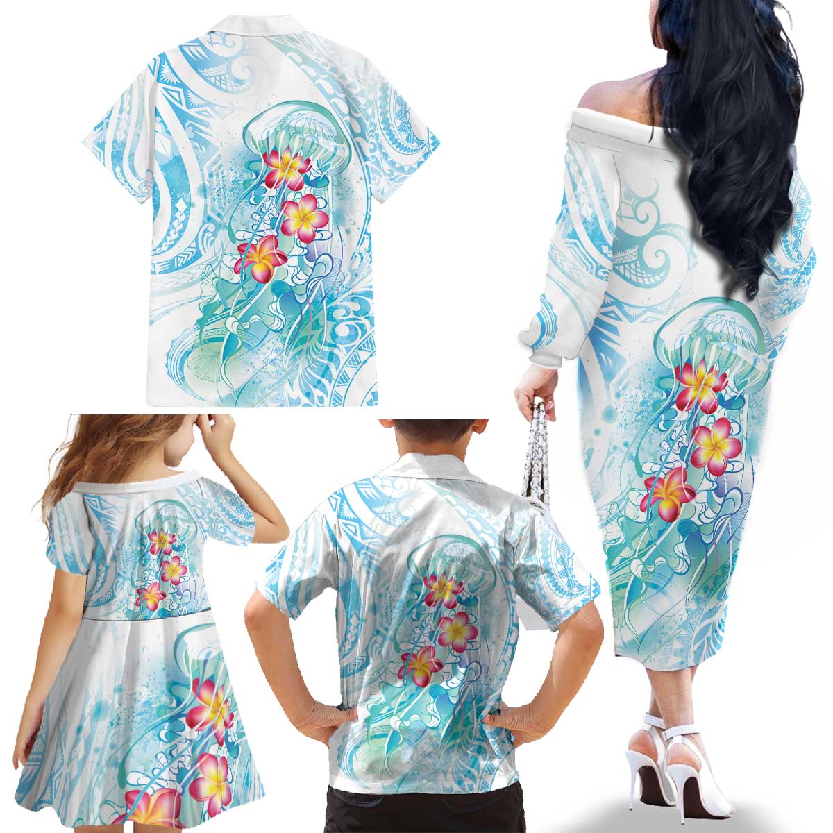Sea Blue Polynesian Jellyfish Family Matching Off The Shoulder Long Sleeve Dress and Hawaiian Shirt Watercolor Glows - Polynesian Pride