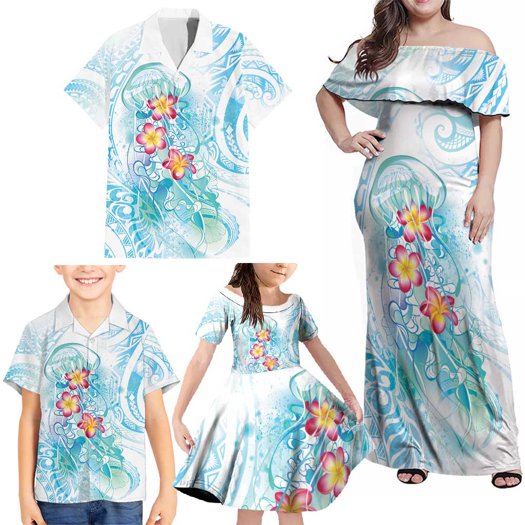 Sea Blue Polynesian Jellyfish Family Matching Off Shoulder Maxi Dress and Hawaiian Shirt Watercolor Glows - Polynesian Pride