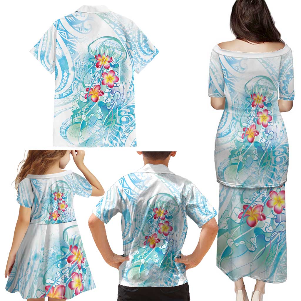 Sea Blue Polynesian Jellyfish Family Matching Puletasi and Hawaiian Shirt Watercolor Glows - Polynesian Pride