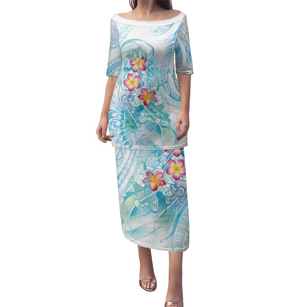 Sea Blue Polynesian Jellyfish Family Matching Puletasi and Hawaiian Shirt Watercolor Glows - Polynesian Pride