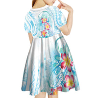 Sea Blue Polynesian Jellyfish Kid Short Sleeve Dress Watercolor Glows - Polynesian Pride
