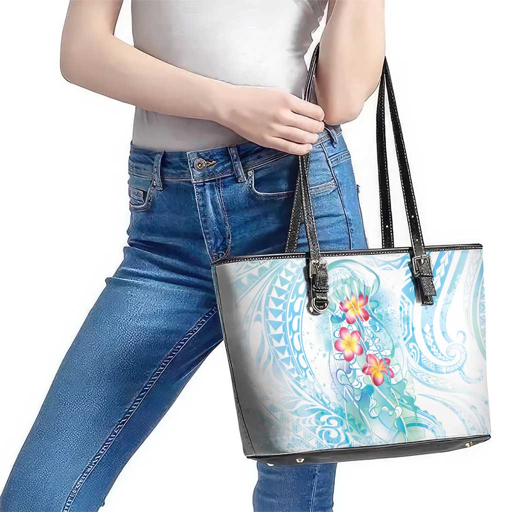 Sea Blue Polynesian Jellyfish Leather Tote Bag Watercolor Glows - Polynesian Pride
