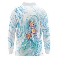 Sea Blue Polynesian Jellyfish Long Sleeve Polo Shirt Watercolor Glows - Polynesian Pride