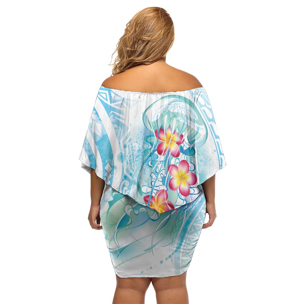 Sea Blue Polynesian Jellyfish Off Shoulder Short Dress Watercolor Glows - Polynesian Pride