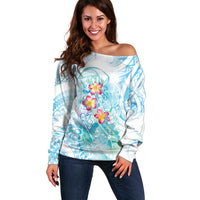 Sea Blue Polynesian Jellyfish Off Shoulder Sweater Watercolor Glows - Polynesian Pride