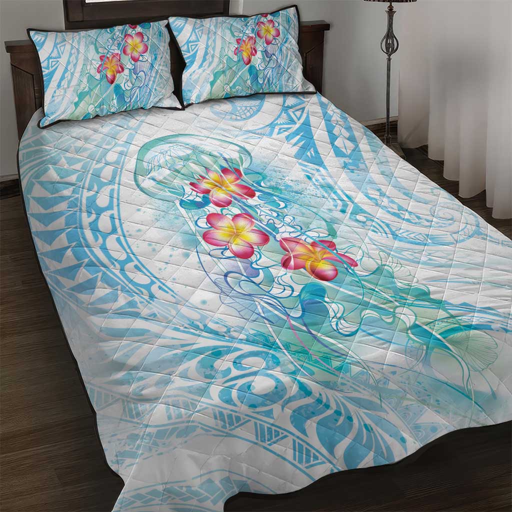 Sea Blue Polynesian Jellyfish Quilt Bed Set Watercolor Glows - Polynesian Pride